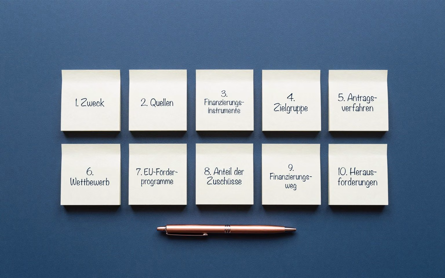 Zehn Haftnotizen: 1. Zweck, 2. Quellen, 3. Finanzierungsinstrumente, 4. Zielgruppe, 5. Antragsverfahren, 6. Wettbewerb, 7. EU-Förderprogramme, 8. Anteil der Zuschüsse, 9. Finanzierungsweg, 10. Herausforderungen.