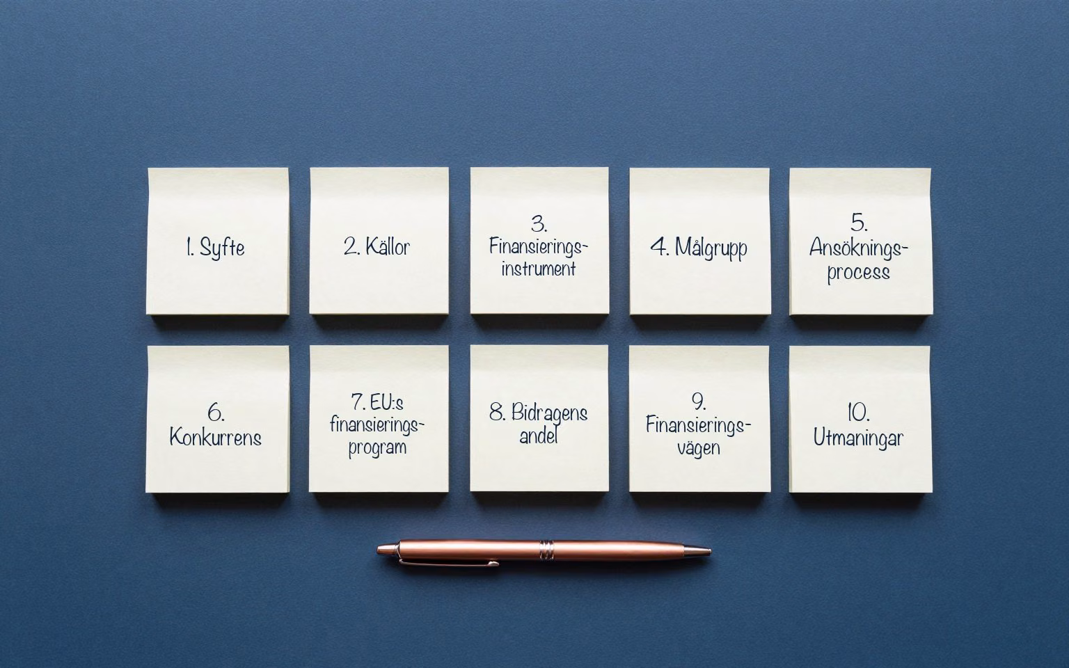 Tio lappar: 1. Syfte, 2. Källor, 3. Finansieringsinstrument, 4. Målgrupp, 5. Ansökningsprocess, 6. Konkurrens, 7. EU:s finansieringsprogram, 8. Bidragens andel, 9. Finansieringsvägen, 10. Utmaningar.